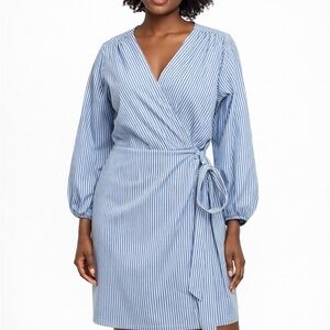 J. Crew Blue and White Striped Long-Sleeve Wrap Dress with Tie Waist